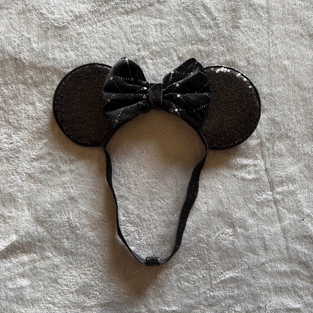 Black Sequin Mouse Ears Headband Black Velvet Sparkle Bow Disney Inspired - K591